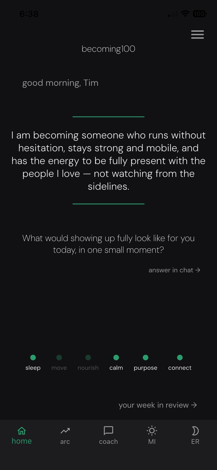 becoming100 home screen — your future self statement, a morning question, and six quiet pillars